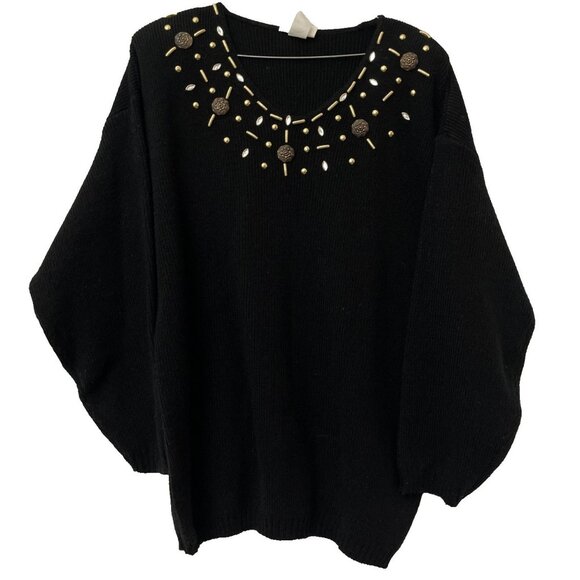 Cover Charge Sweaters - Cover Charge Vintage 90s Black Gold Gemstone Sweater One Size Knitted